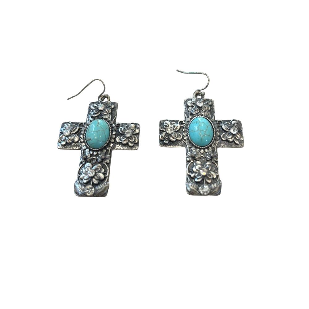 Turquoise Cross Floral Drop Earrings - Silver-tone - Picture 1 of 1